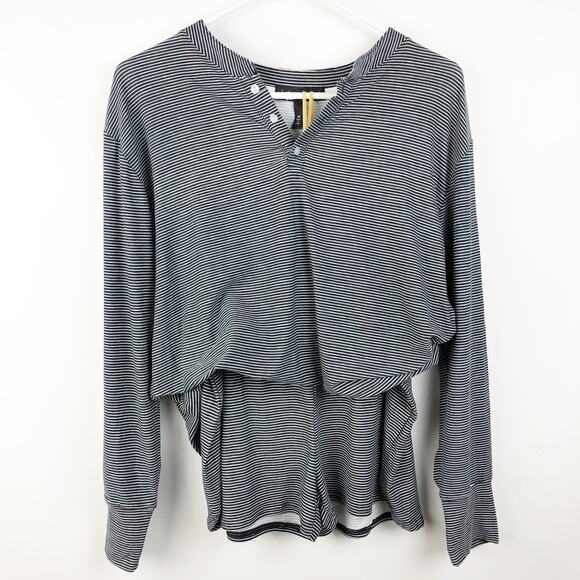 Derek Heart Womens Henley Long Sleeve Striped Pajama Short Set Small Black NWT - Picture 1 of 11